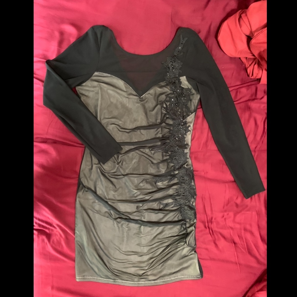 Dress w/ see-through black neckline over cream